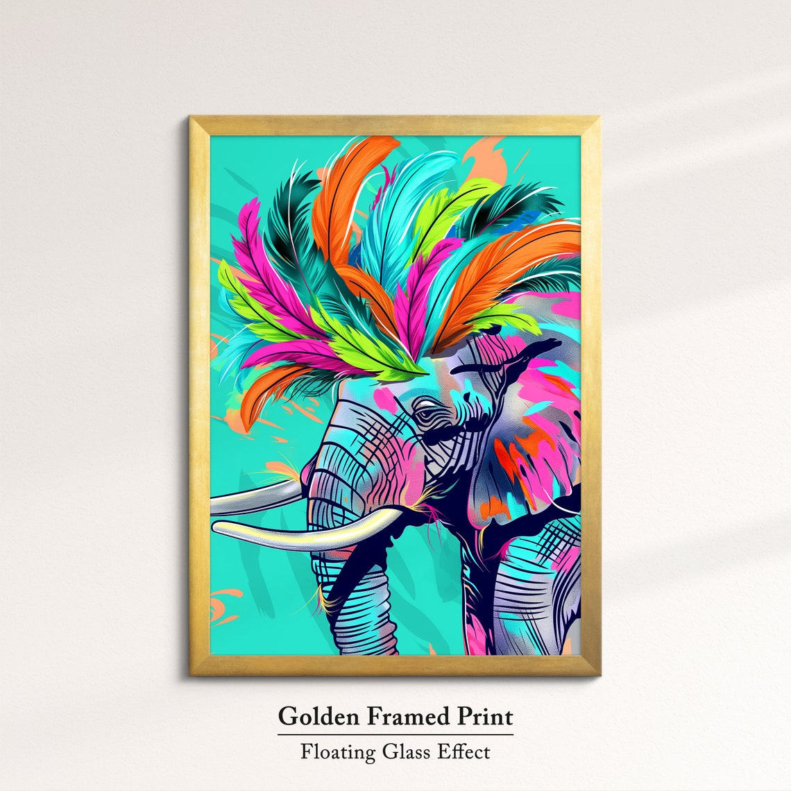 Elephant Side Profile With Neon Feather Headdress Turquoise Poster - Image 5