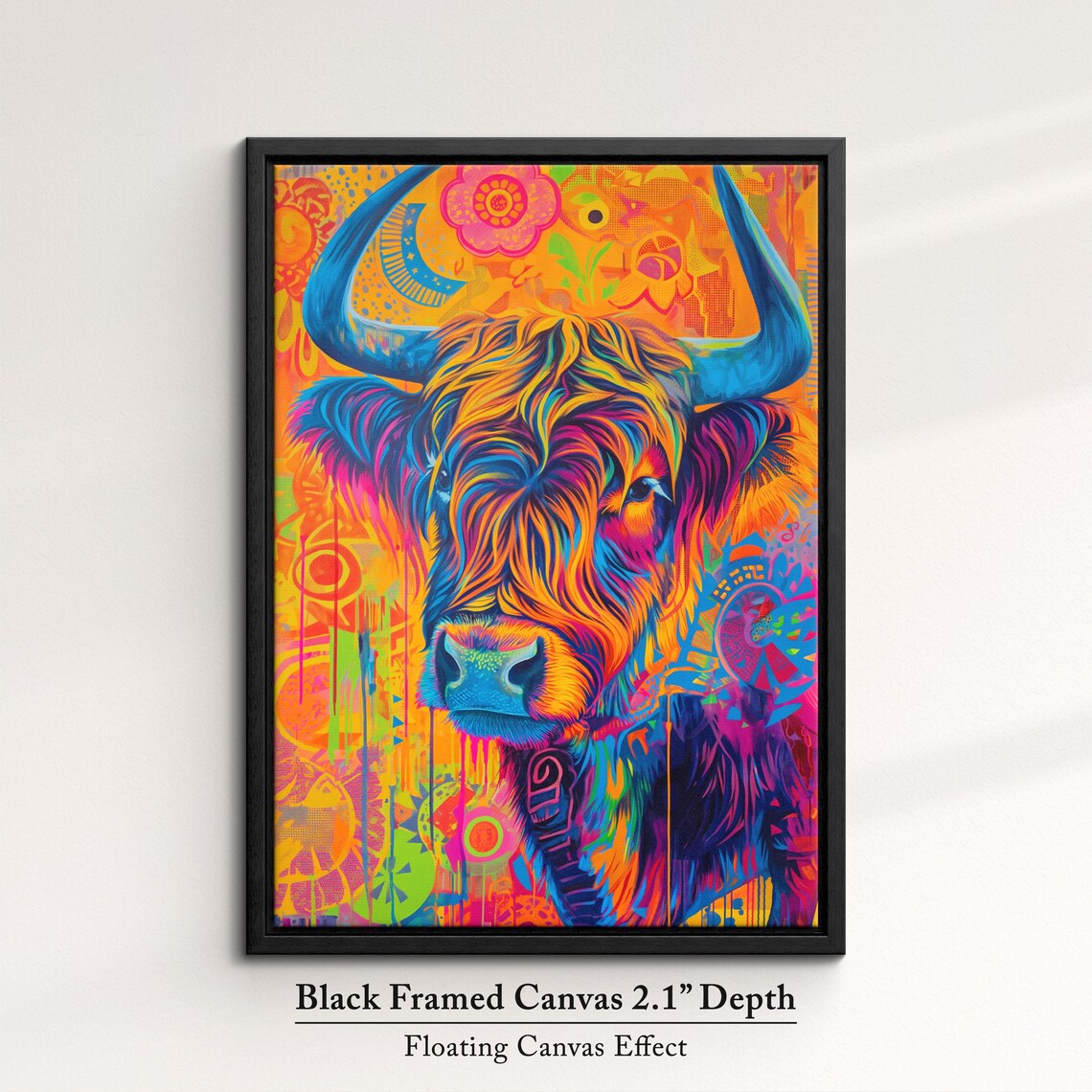 Highland Cow Colorful Rainbow Shaggy Hair Floral Portrait Poster - Image 2