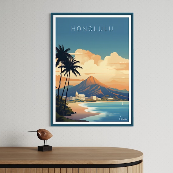 Honolulu Hawaii Waikiki Beach Palm Trees Diamond Head Sunset Poster