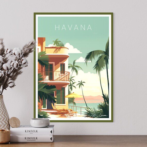 Havana Art Deco Hotel and Palm Trees Vintage Cuba Travel Poster