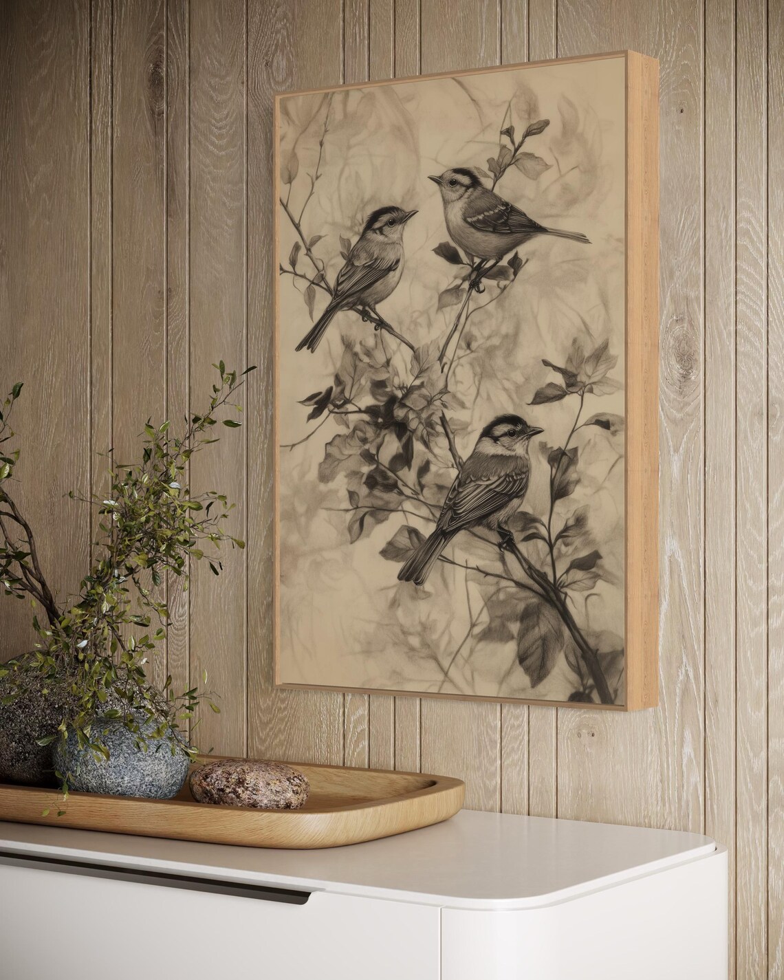 Three Songbirds on Branches Vintage Charcoal Sketch Art Poster - Image 6