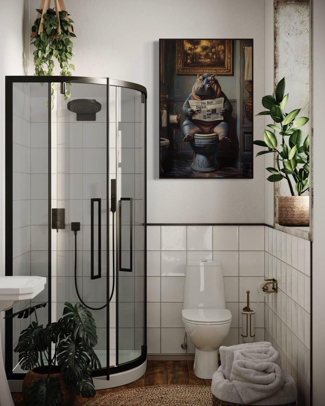 Funny Hippo on Toilet Reading The River Digest Newspaper Poster - Image 5