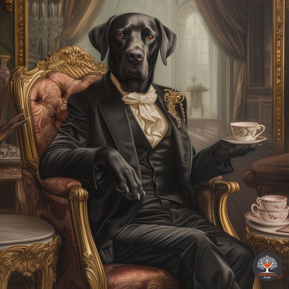 Black Labrador Gentleman in Tuxedo Holding Tea Cup Chair Poster - Image 6