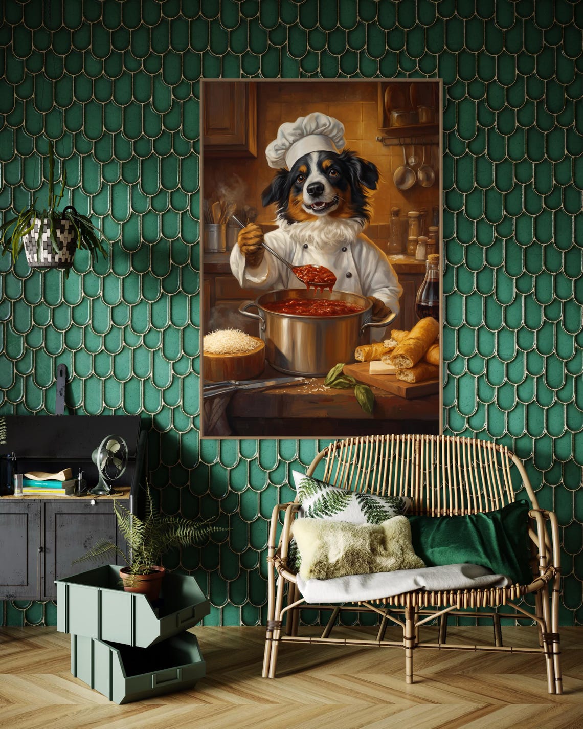 Australian Shepherd Chef Tasting Tomato Sauce in Kitchen Poster - Image 4