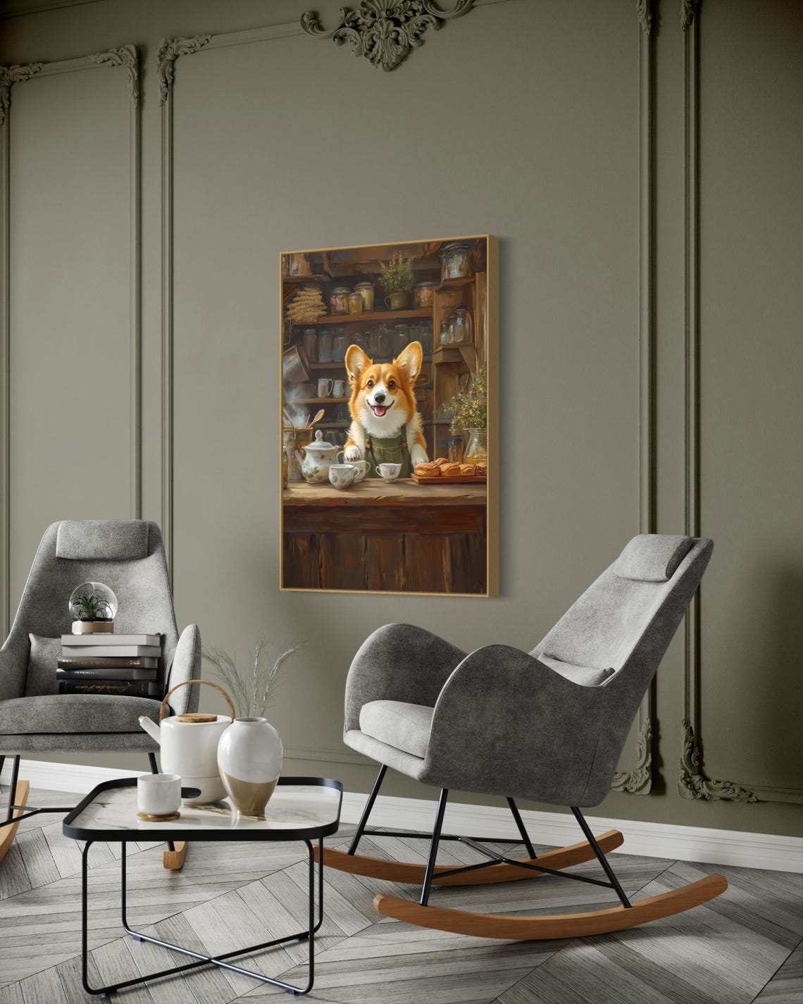 Corgi Tea Shop Barista Behind Rustic Counter with Teapots Poster - Image 2