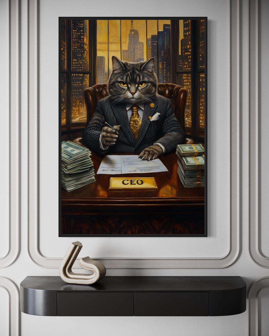 Tabby Cat CEO in Pinstripe Suit with Cash Stacks Office Poster - Image 4