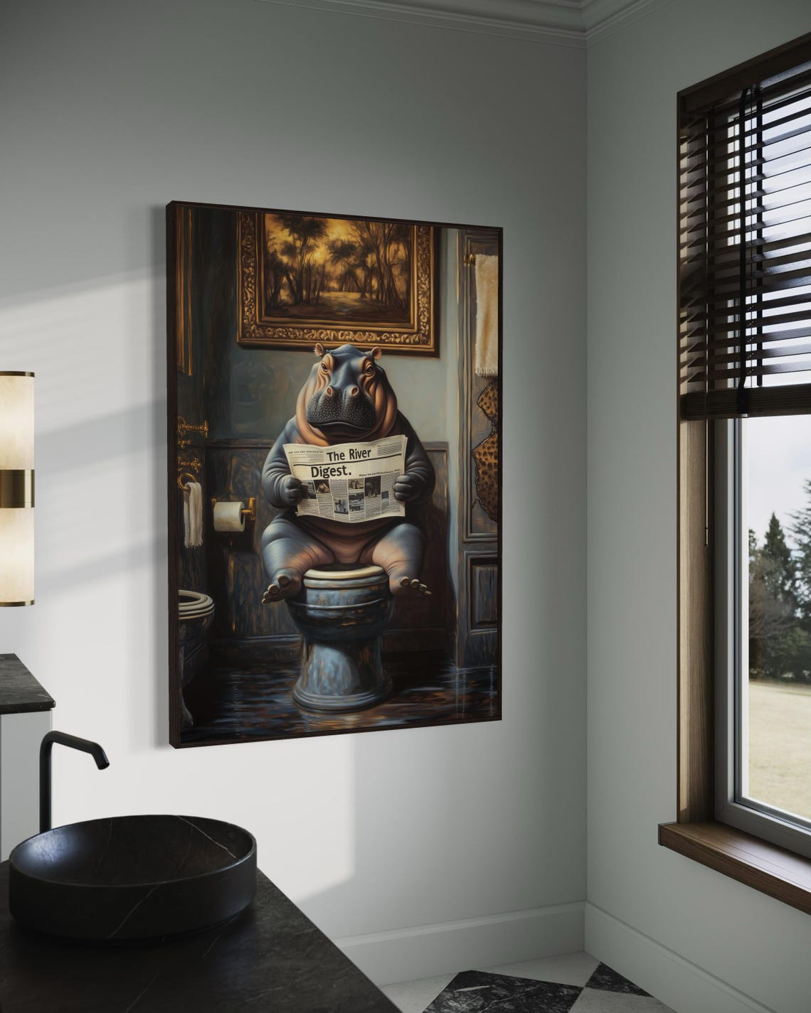 Funny Hippo on Toilet Reading The River Digest Newspaper Poster - Image 6