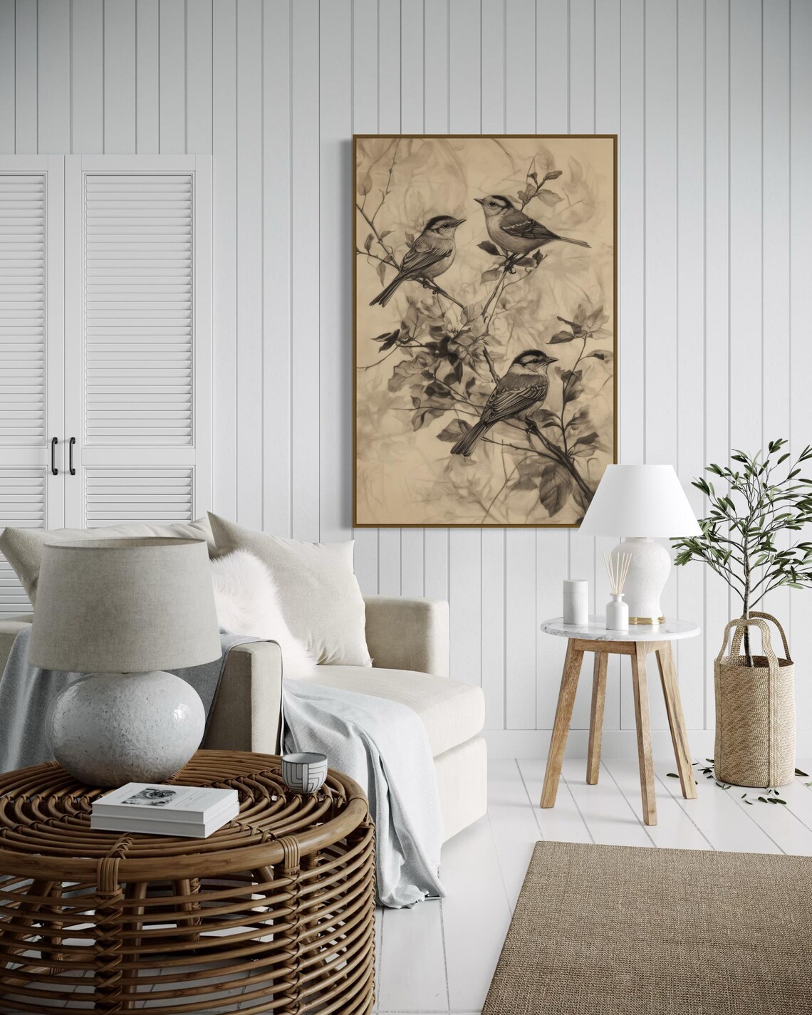 Three Songbirds on Branches Vintage Charcoal Sketch Art Poster - Image 3