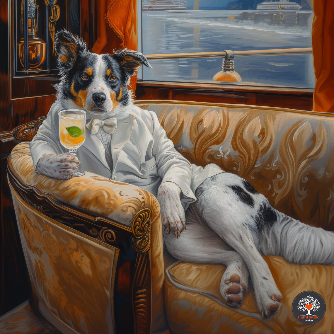 Australian Shepherd in White Tuxedo Lounging with Cocktail Poster - Image 6