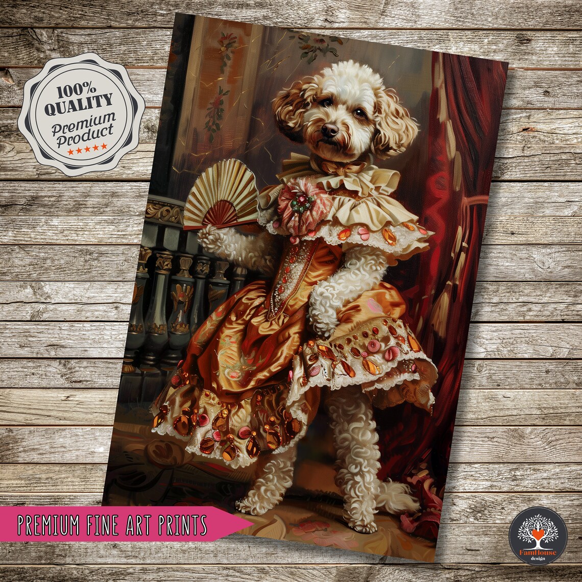 Curly White Dog in Regal Renaissance Gown Holding Fan Portrait Poster - Image 3