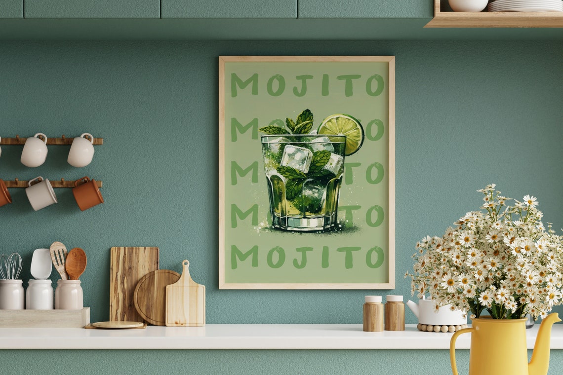 Mojito Cocktail Watercolor Mint Lime Green Kitchen Bar Poster - Image 2