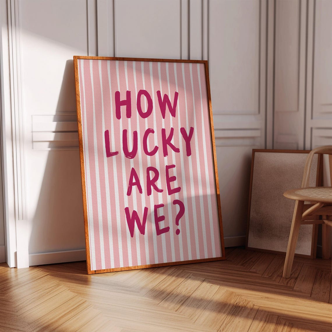 How Lucky Are We Pink Stripes Positive Quote Typographic Print