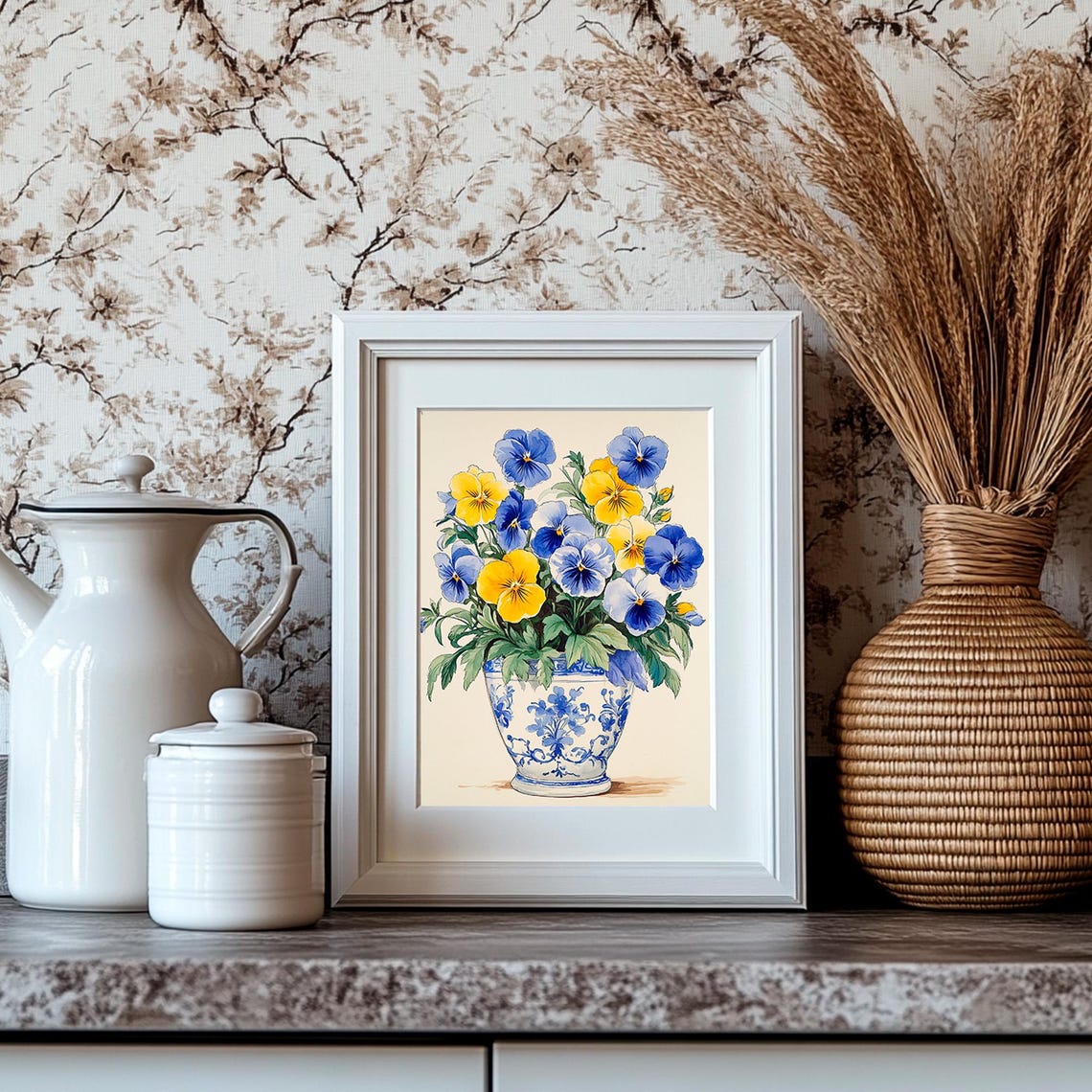 Yellow And Blue Pansies In A Delft Blue Patterned Vase Poster - Image 4