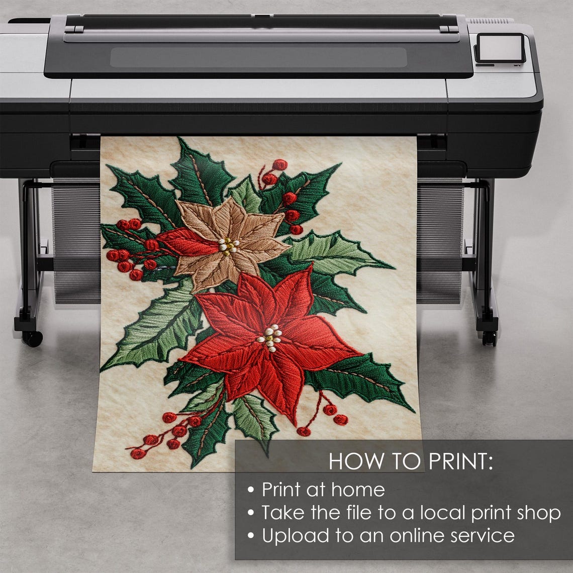 Embroidered Poinsettia Christmas Flower Vintage Holly Berries Print - Image 5