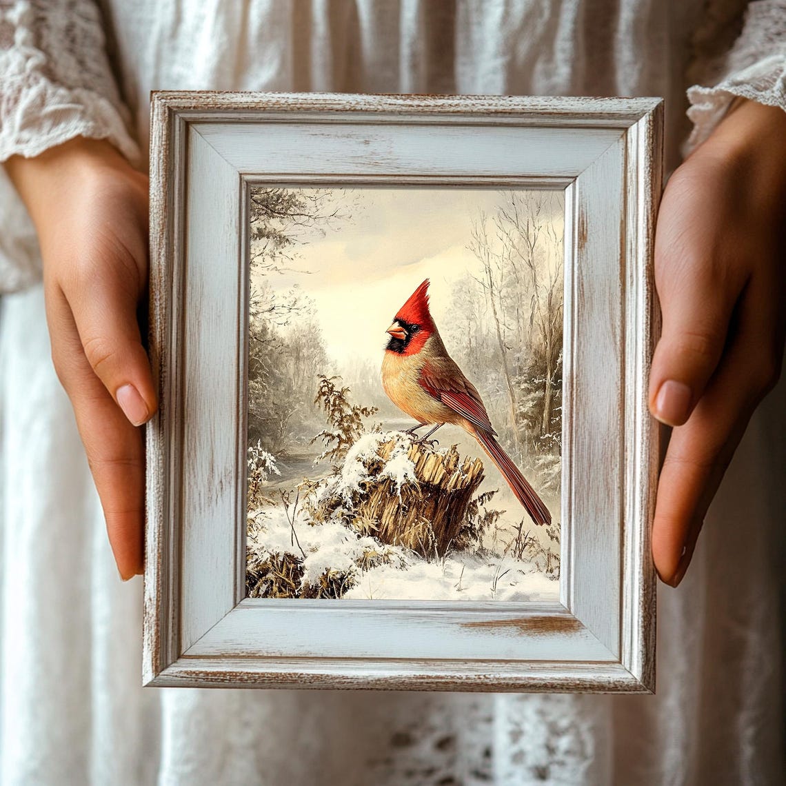 Red Cardinal Snowy Stump Vintage Winter Woodland Bird Painting Poster - Image 3