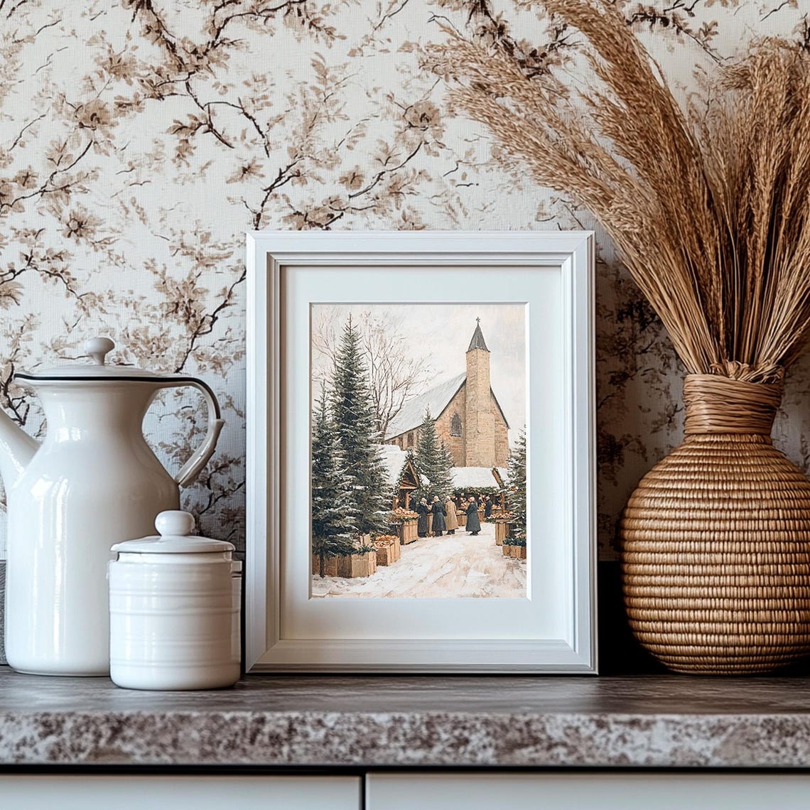 Christmas Market Vintage Christmas Town With Church Print Christmas Village Wall Art Winter Painting - Image 4