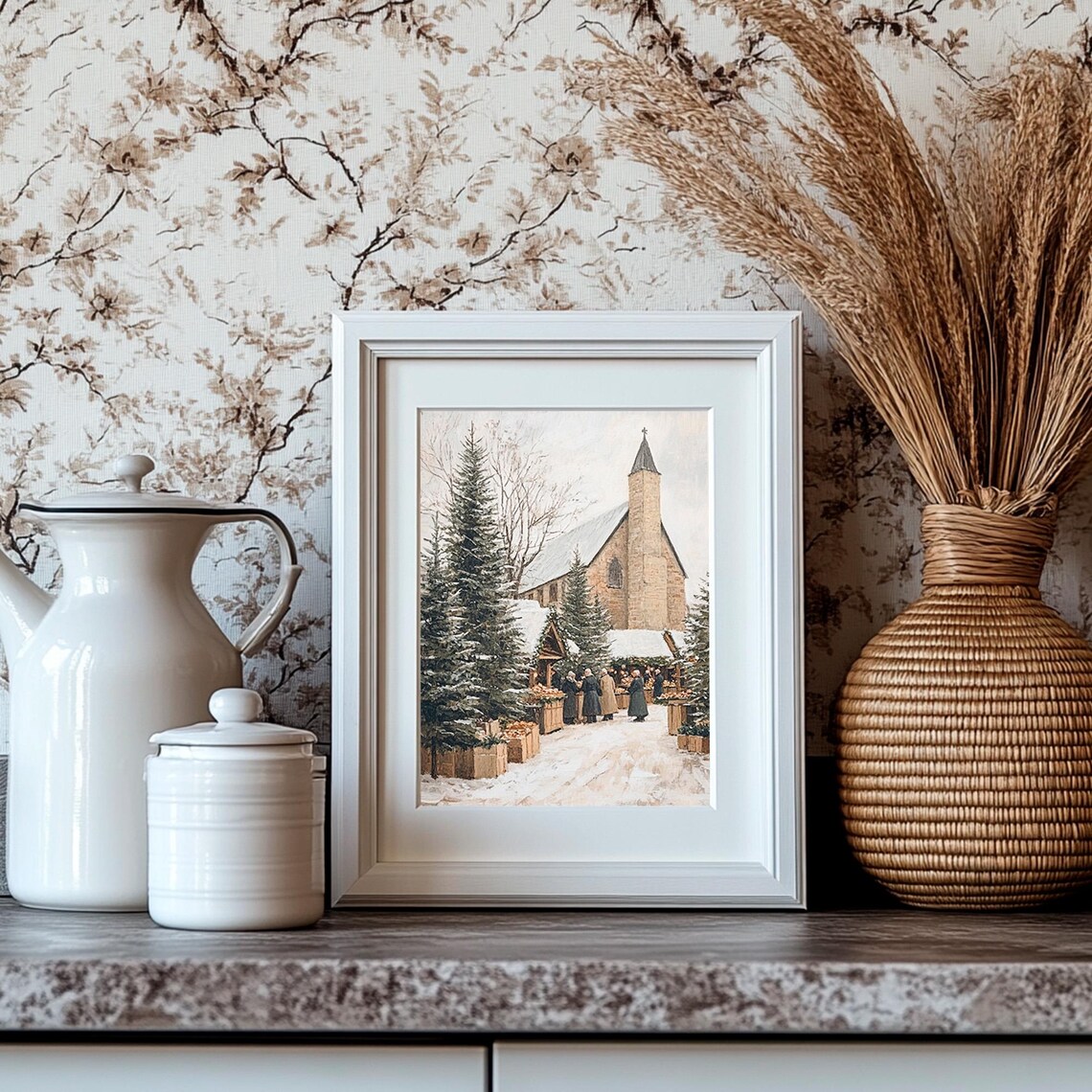 Snowy Christmas Market Stalls In Front Of A Stone Church Poster - Image 4