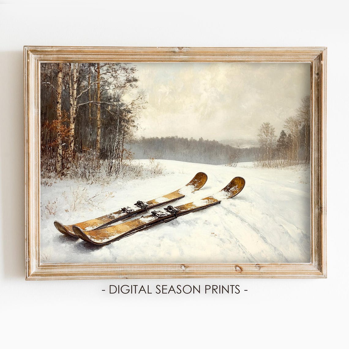 Vintage Wooden Skis Snowy Birch Forest Winter Scene Art Poster