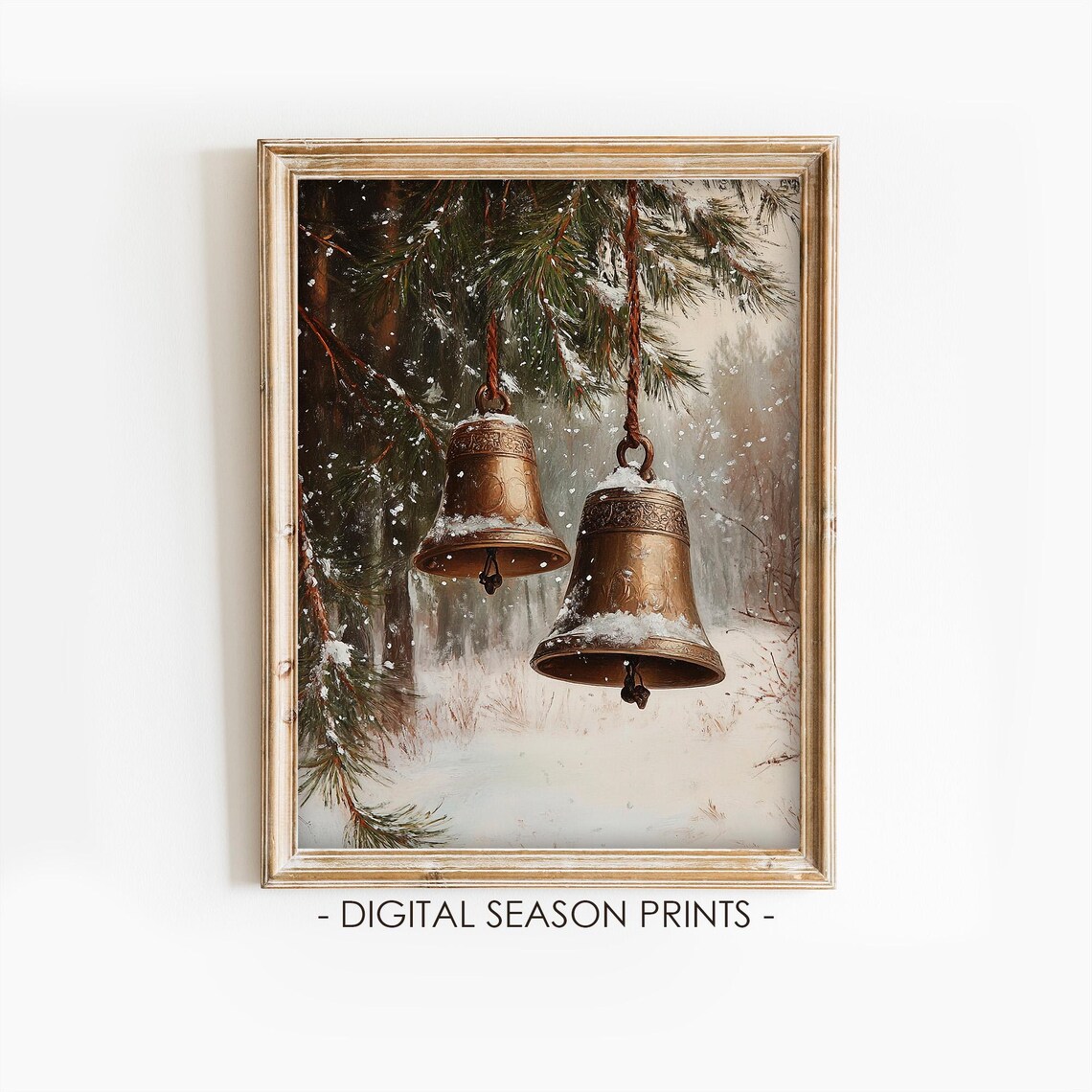 Bronze Church Bells Snowy Pine Branch Vintage Christmas Winter Poster