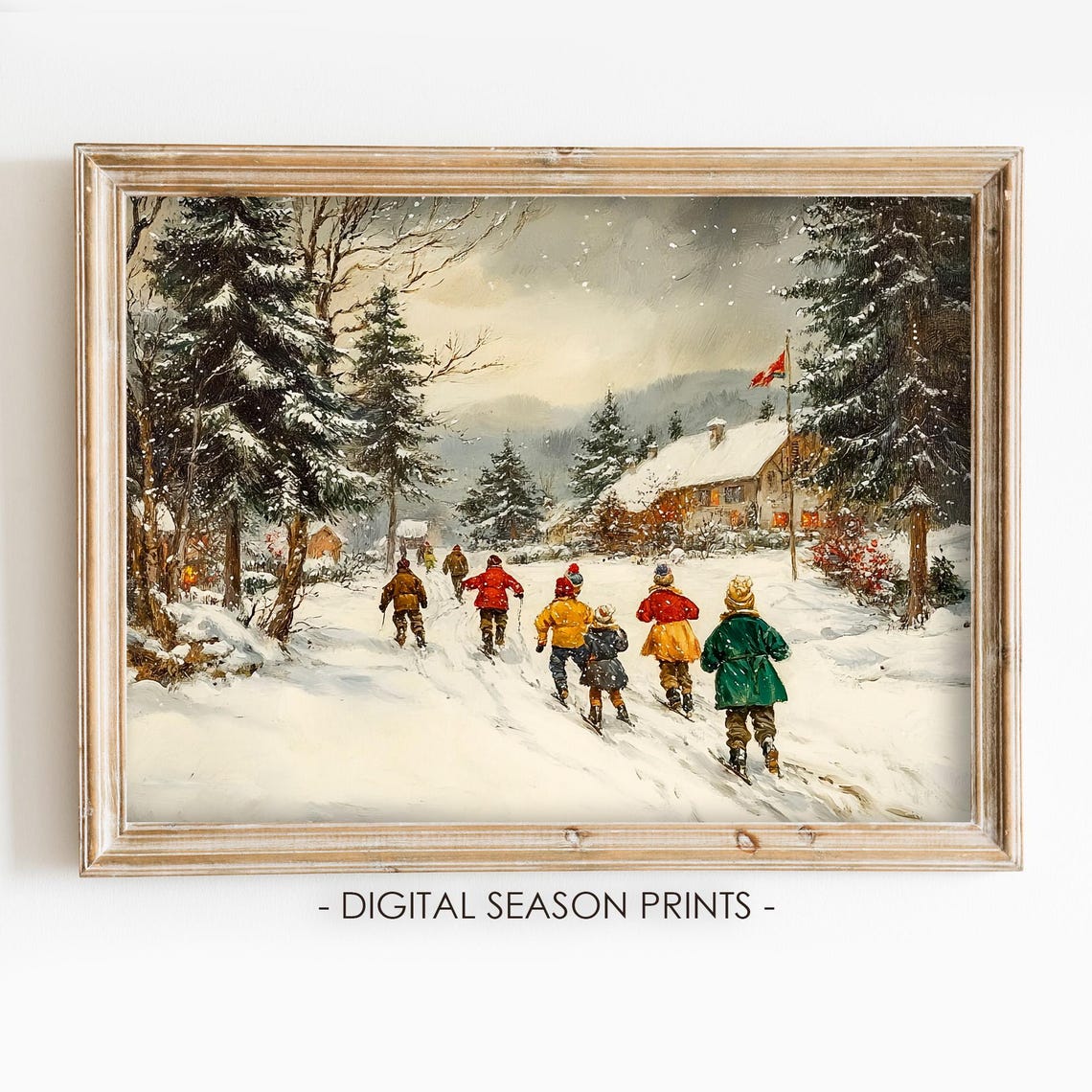 Children Skiing to Mountain Lodge Vintage Winter Scene Poster