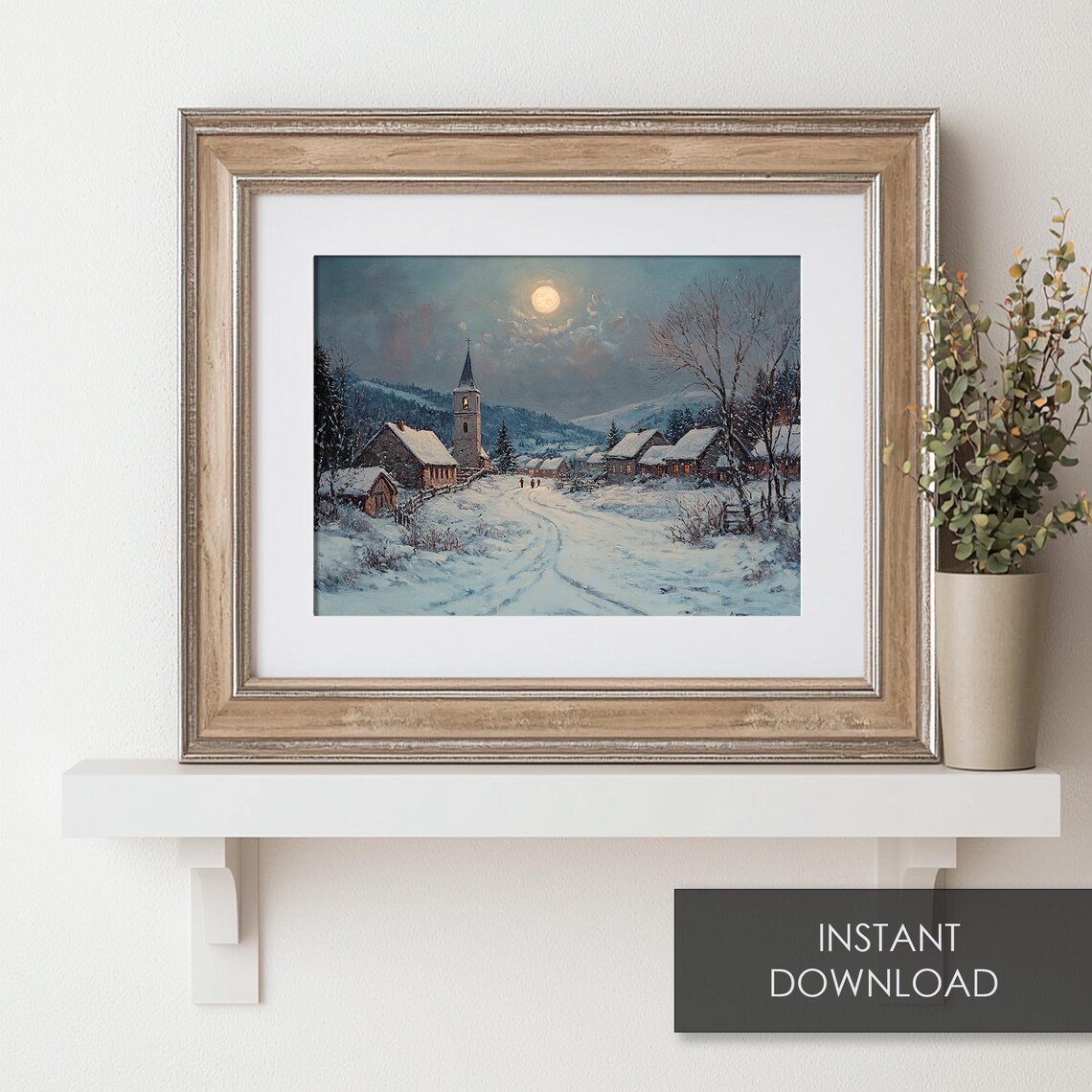 Moonlit Snowy Village With Church Night Mountains Christmas Print - Image 6