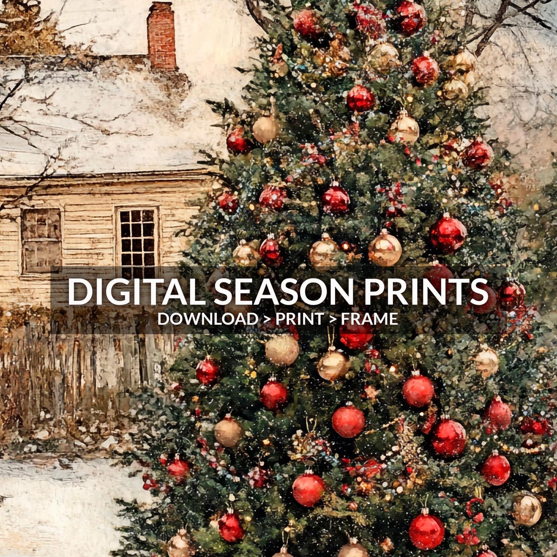 Outdoor Christmas Tree in Front of a Snowy Farmhouse Vintage Poster - Image 6