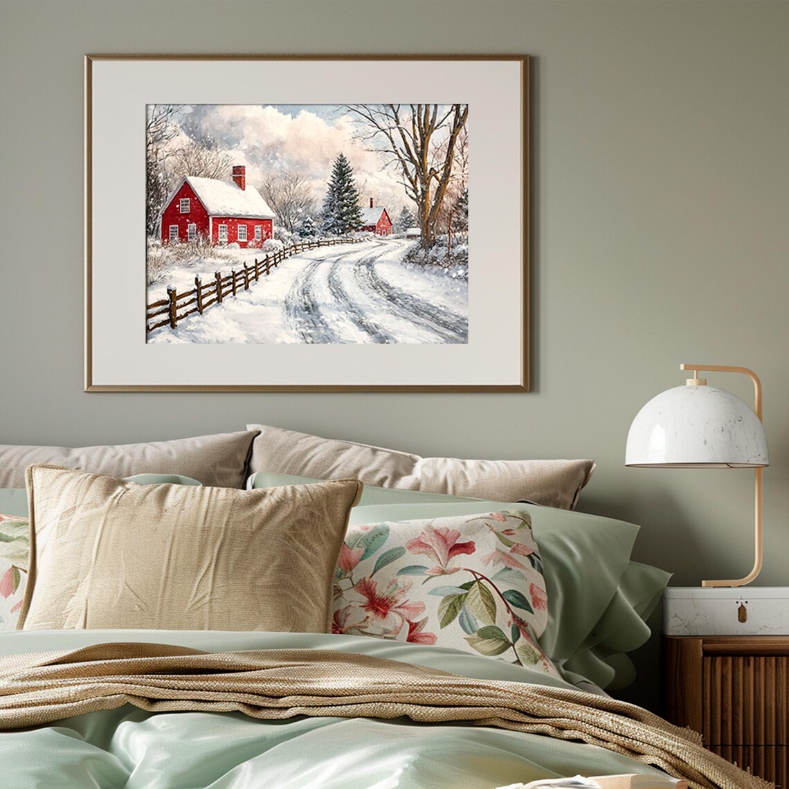Red Farmhouses Along Snowy Country Road In Winter Vintage Painting Poster - Image 3
