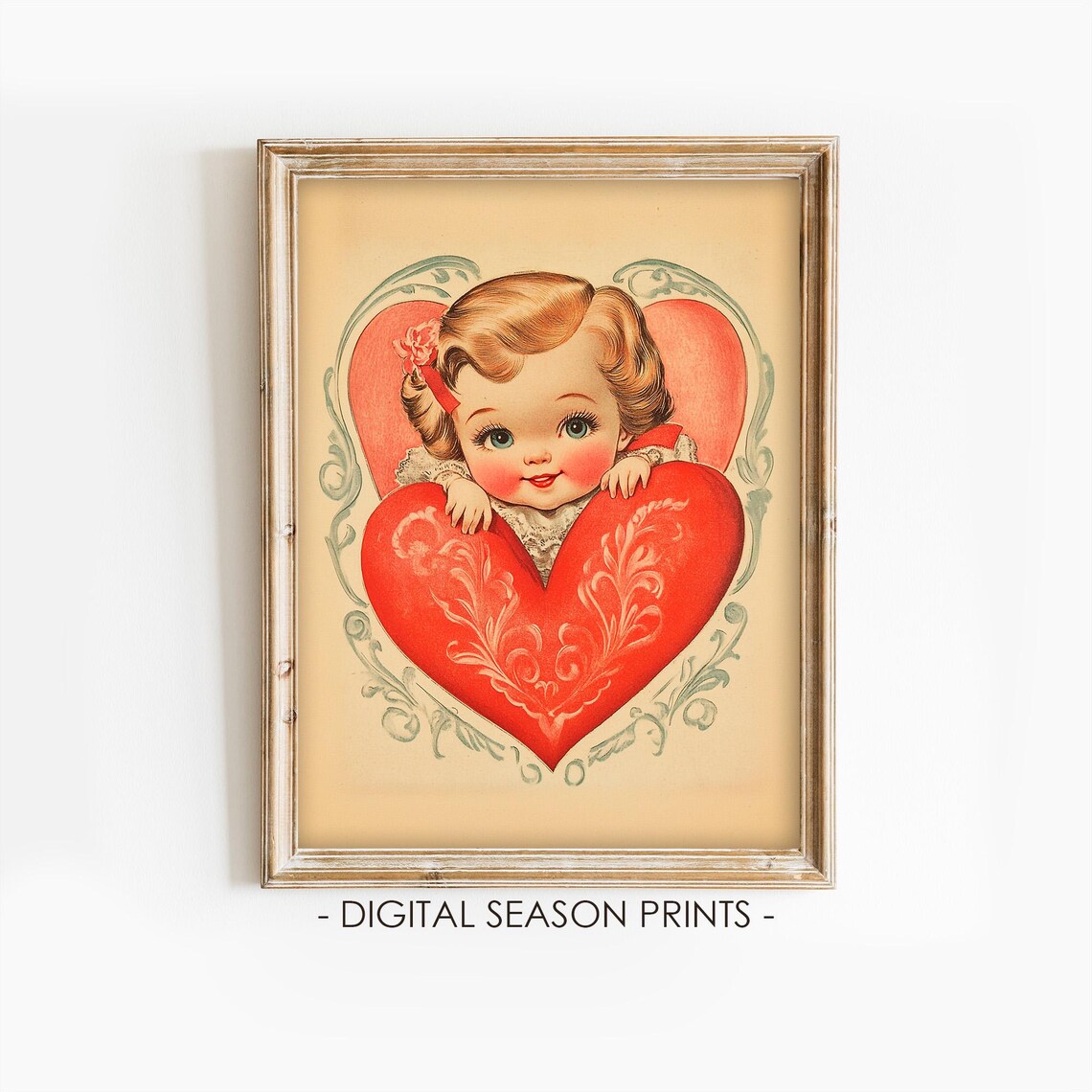 Vintage Valentines Girl Peeking Over Big Red Heart Retro Card Print