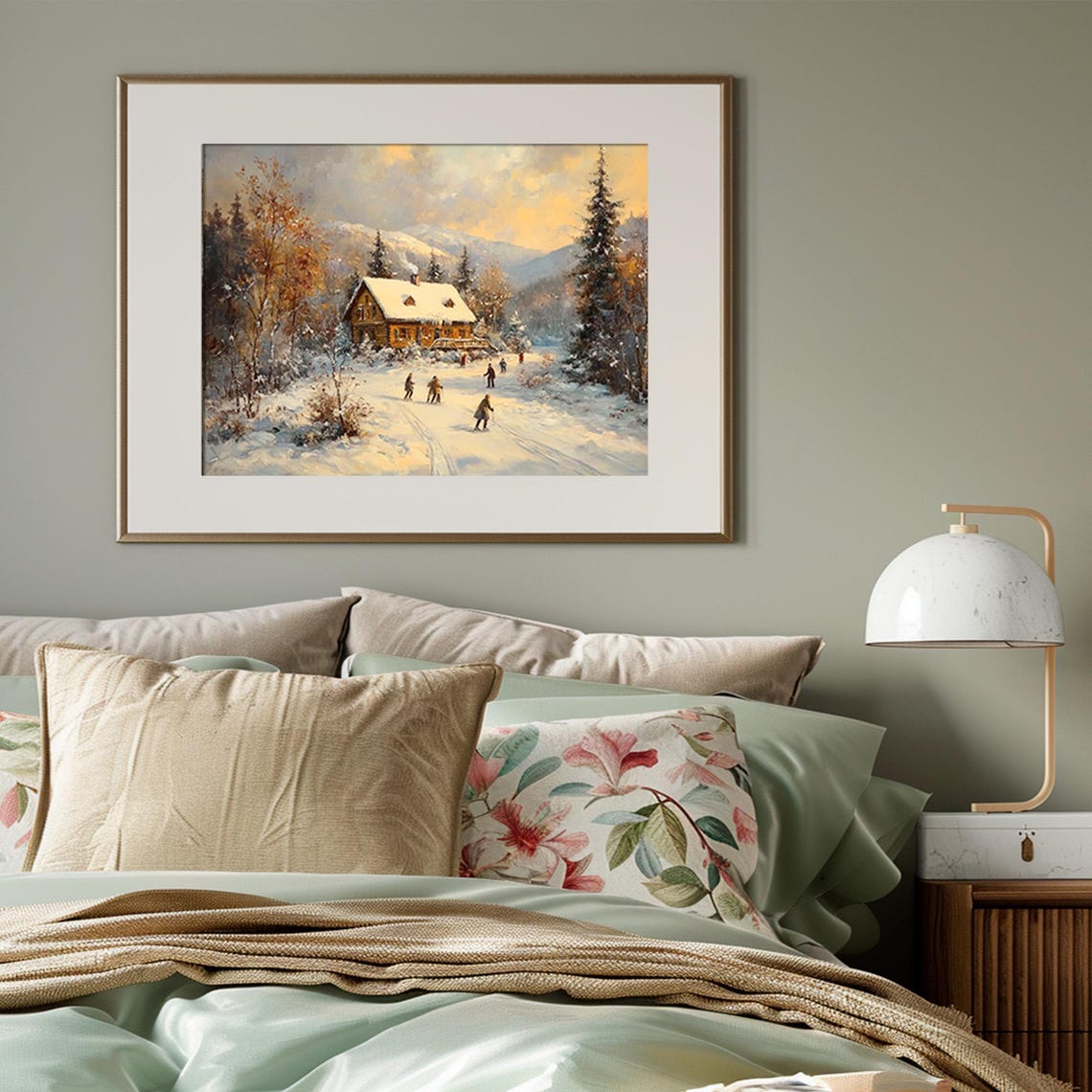 Snowy Mountain Cabin Skiers Sunset Vintage Winter Art Poster - Image 3