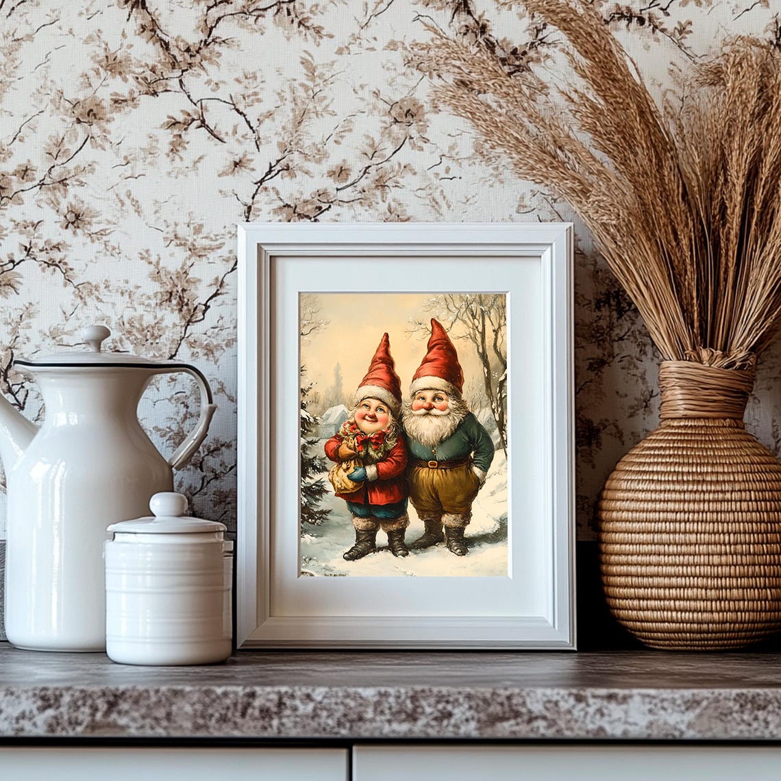Two Vintage Christmas Gnomes in Snow Red Hats Holiday Poster - Image 4