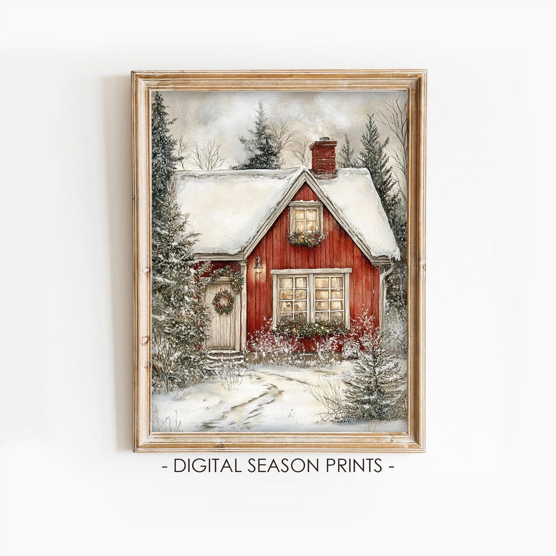 Red Cottage in Snow with a Wreath and Glowing Windows Winter Poster