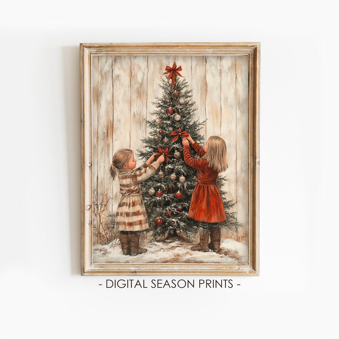 Two Girls Decorating a Christmas Tree with Red Bows Rustic Poster