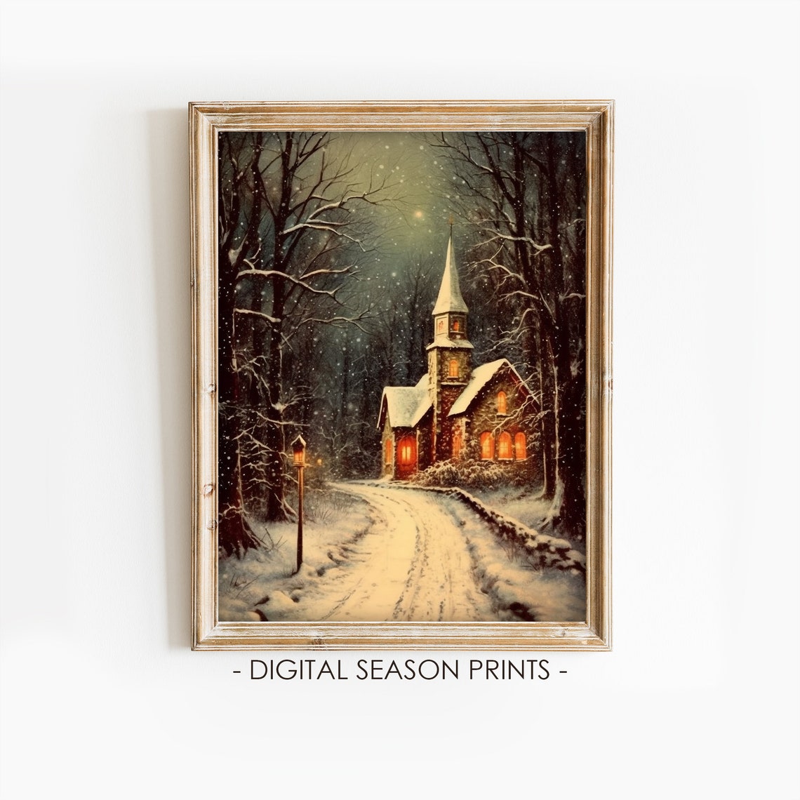 Snowy Chapel in Winter Woods Nighttime Glowing Windows Wall Art