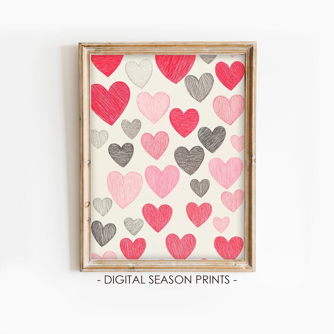 Sketchy Hearts Pattern Red Pink Grey Valentines Day Artistic Print