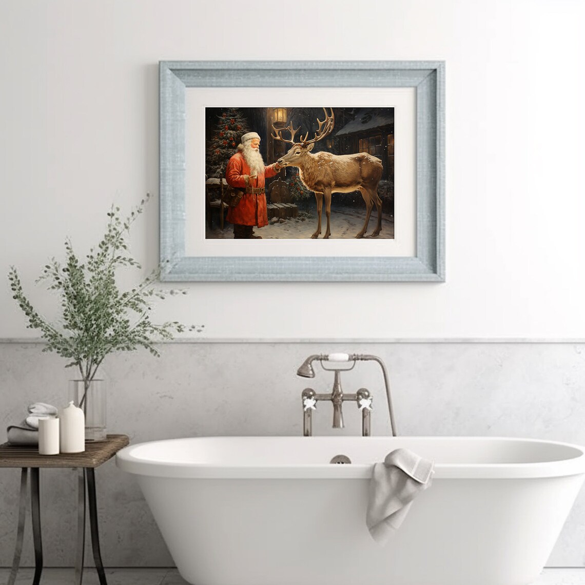 Santa Claus Feeding A Reindeer On A Snowy Night Scene Poster - Image 5