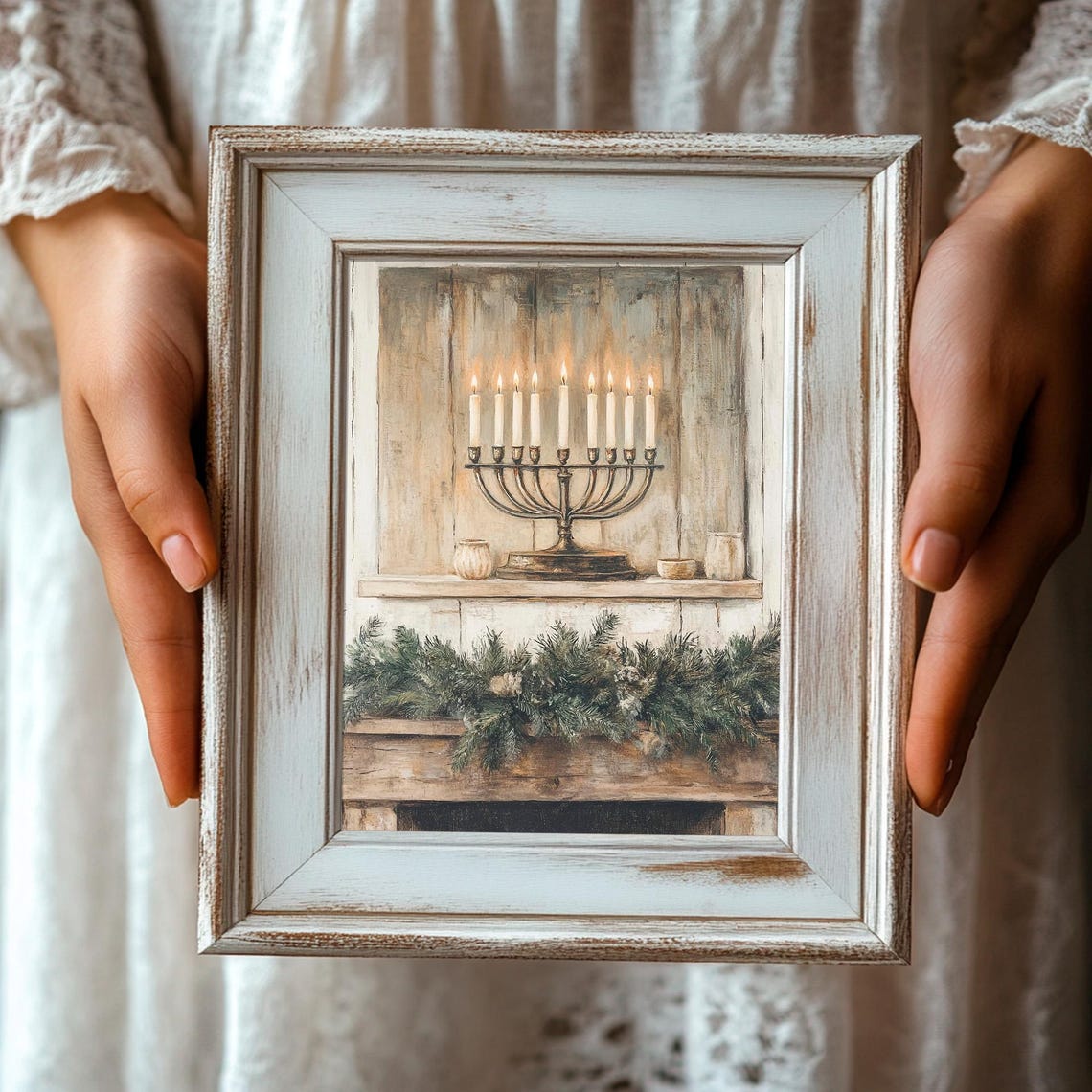Hanukkah Menorah With Nine Lit Candles On A Rustic Mantel Poster - Image 3