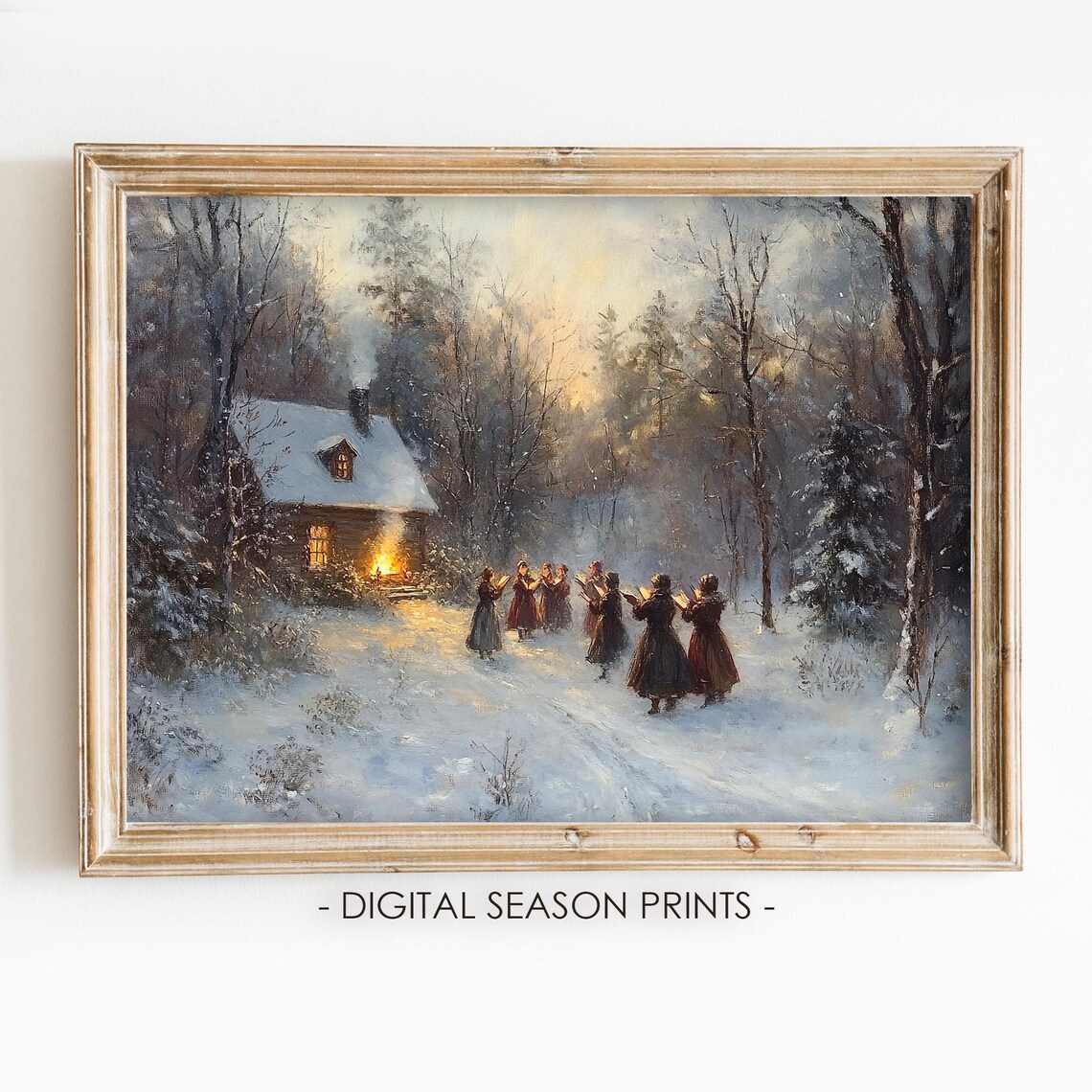 Victorian Christmas Carolers Singing Snowy Cottage Dusk Scene Print