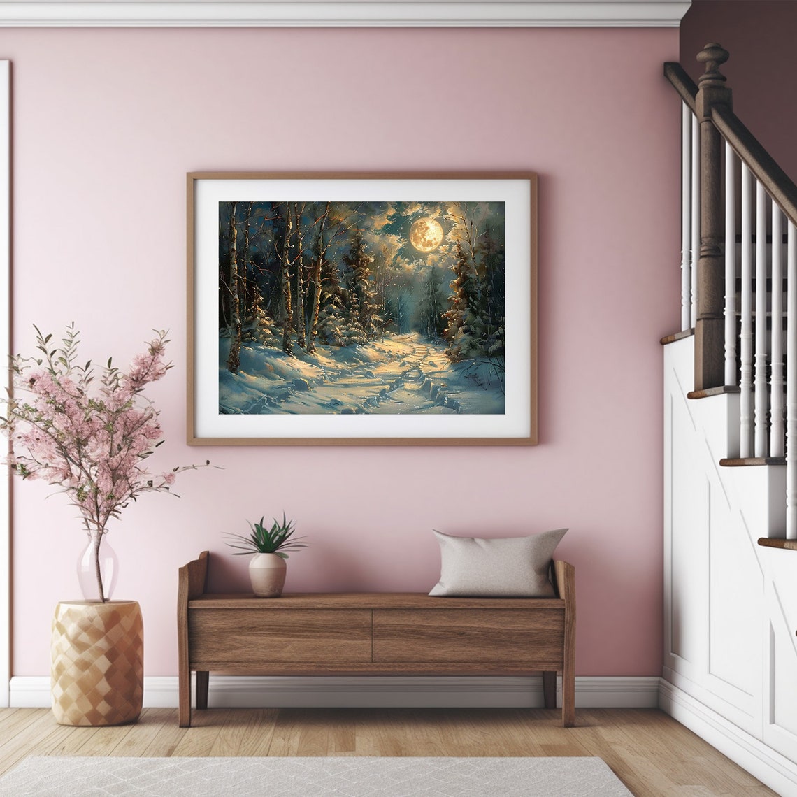 Glowing Full Moon Over A Snowy Winter Forest Trail Scene Poster - Image 4