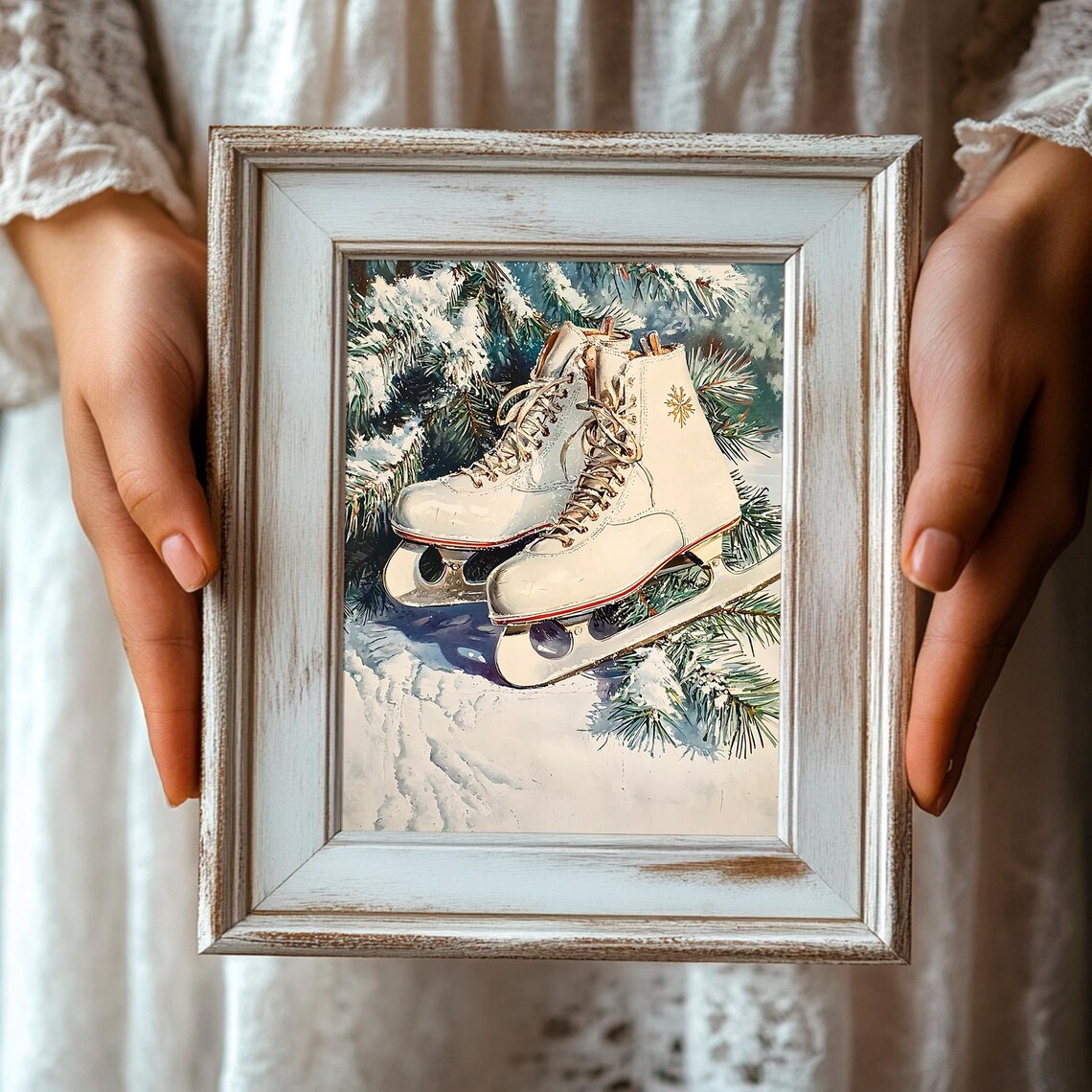 Vintage White Ice Skates On Snowy Pine Branches Holiday Painting Print - Image 3