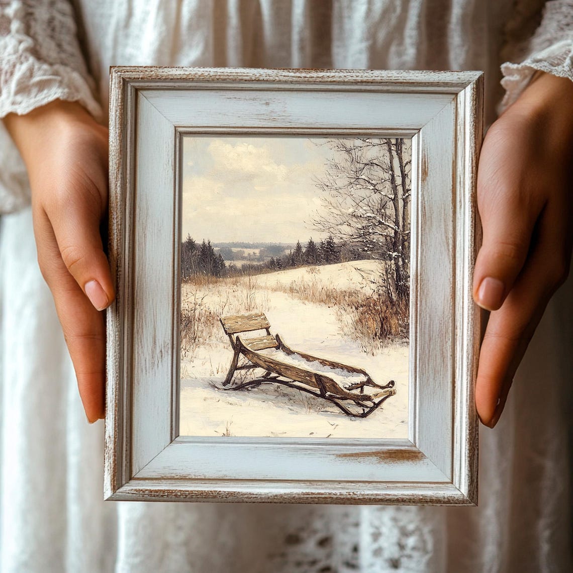 Antique Wooden Sled Snowy Field Vintage Winter Scene Art Poster - Image 3