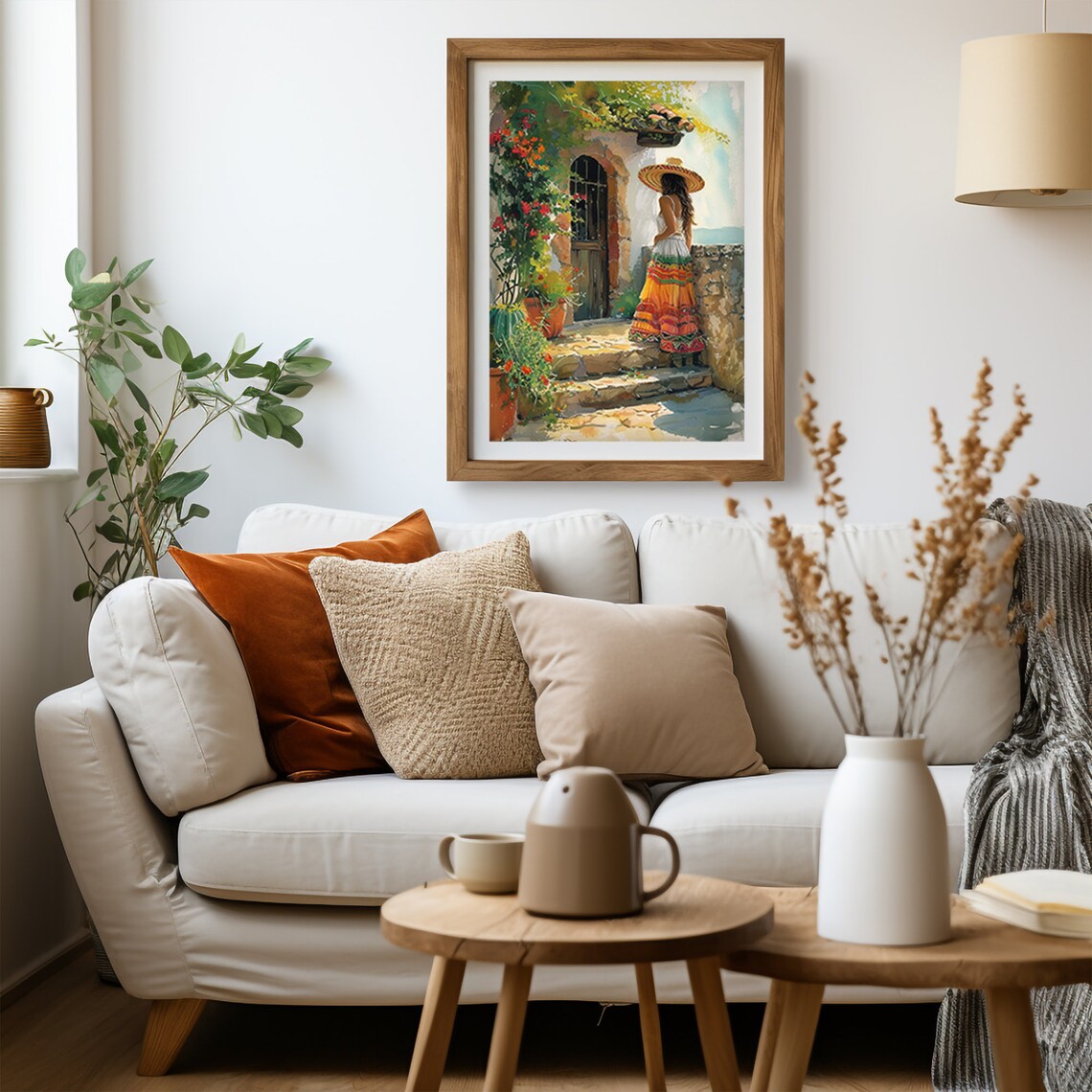 Mexican Woman in Sombrero at Seaside Terrace Watercolor Print - Image 4