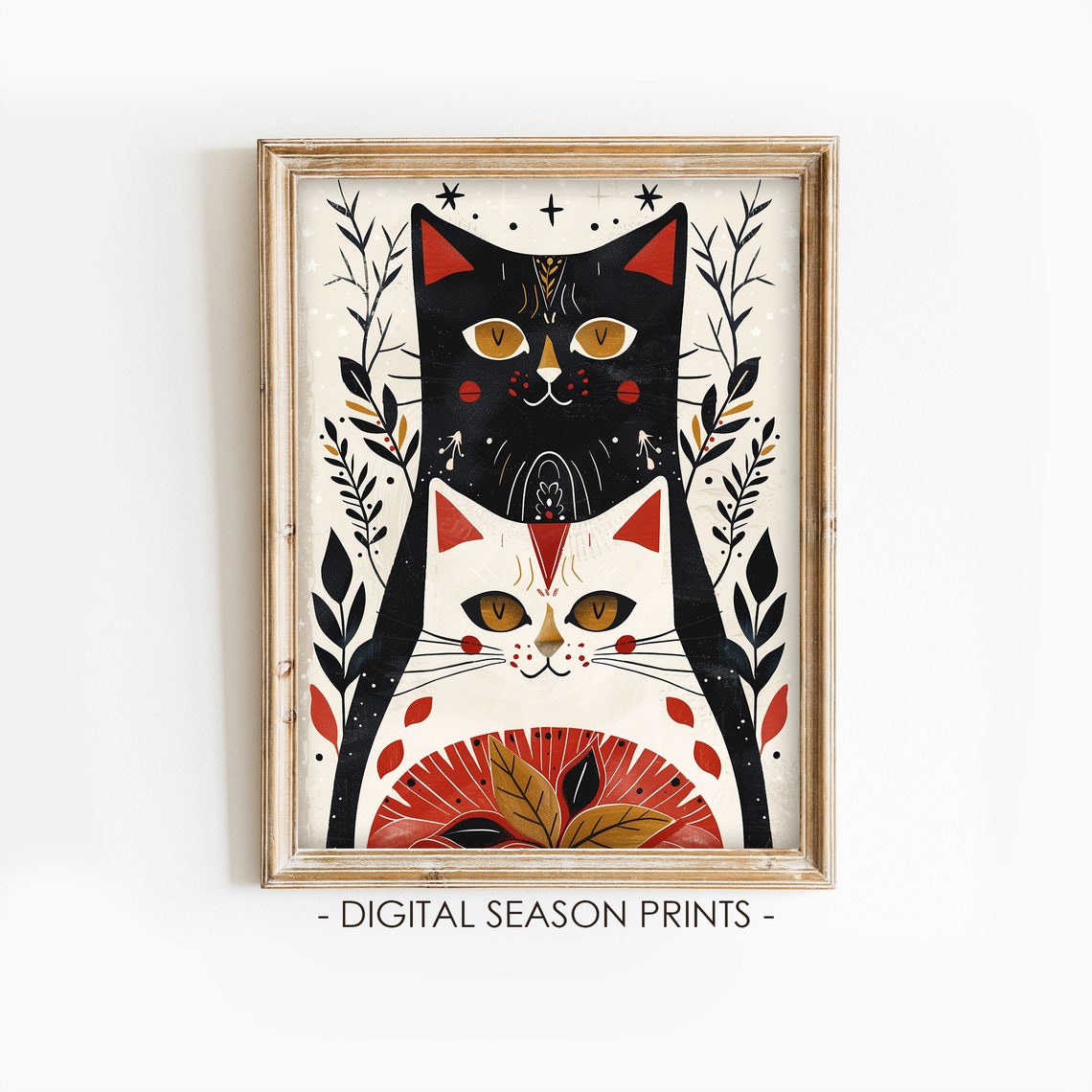 Scandinavian Folk Art Cats Black And White With Red Accents Poster