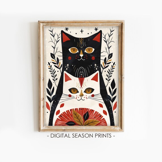 Scandinavian Folk Art Cats Black And White With Red Accents Poster