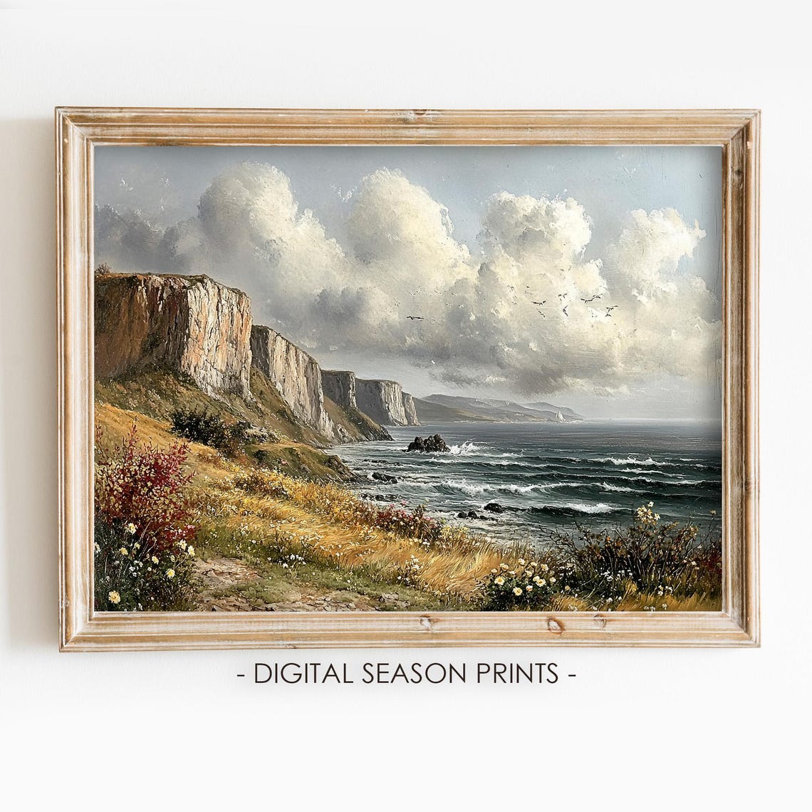 White Sea Cliffs Dramatic Clouds Wildflowers Coastal Painting Poster