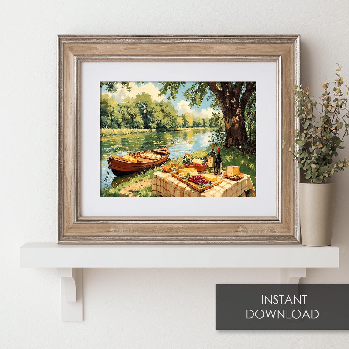 Riverside Picnic Wine Cheese And Grapes Romantic Summer Scene Print - Image 6