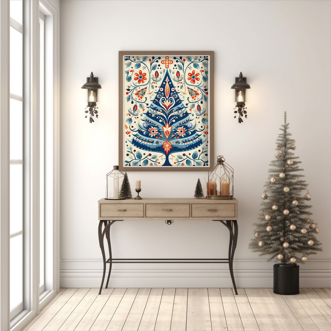 Scandinavian Folk Art Christmas Tree Blue Floral Nordic Style Print - Image 3