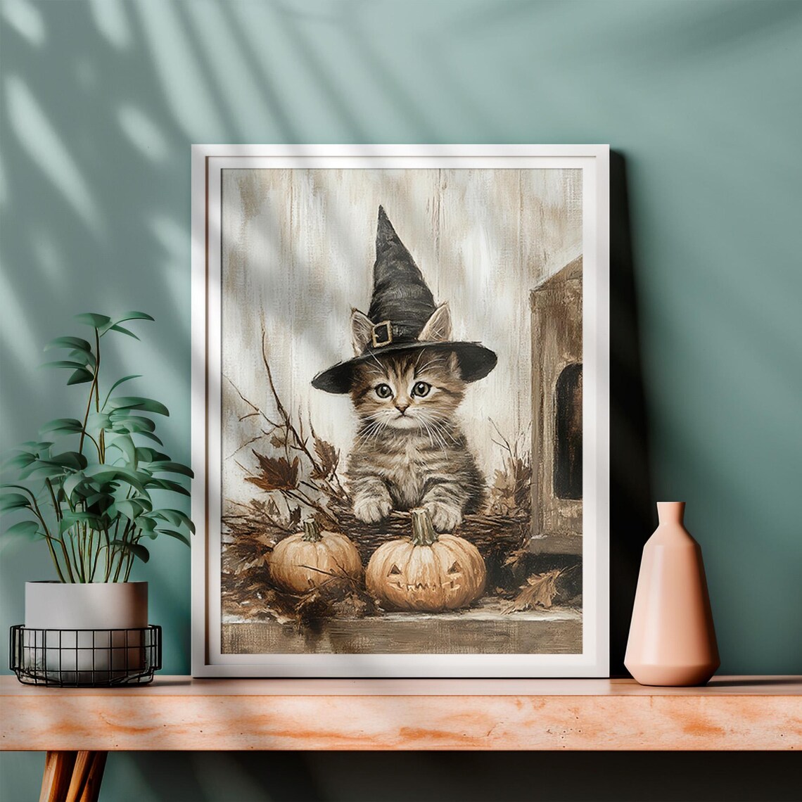 Halloween Kitten Witch Hat Jack O Lanterns Vintage Sepia Cat Art Poster - Image 4