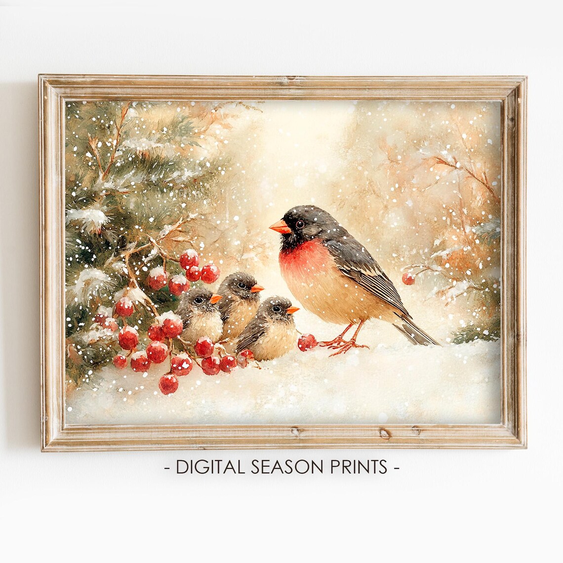 Songbirds Snowy Red Berries Winter Bird Family Nature Poster
