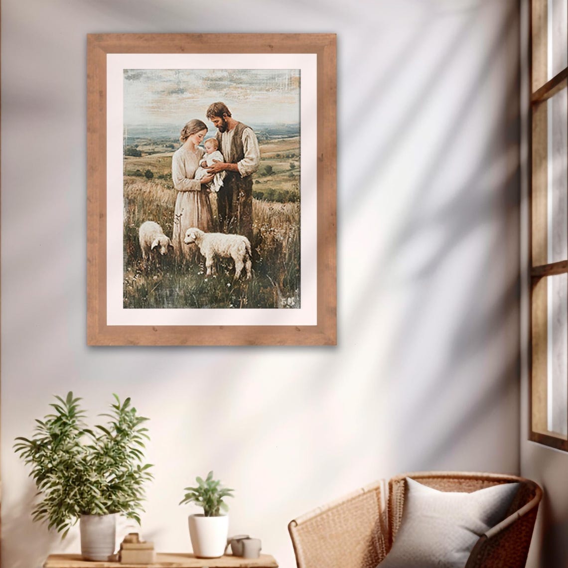 Holy Family with Baby Jesus and Lambs in Pastoral Field Print - Image 2