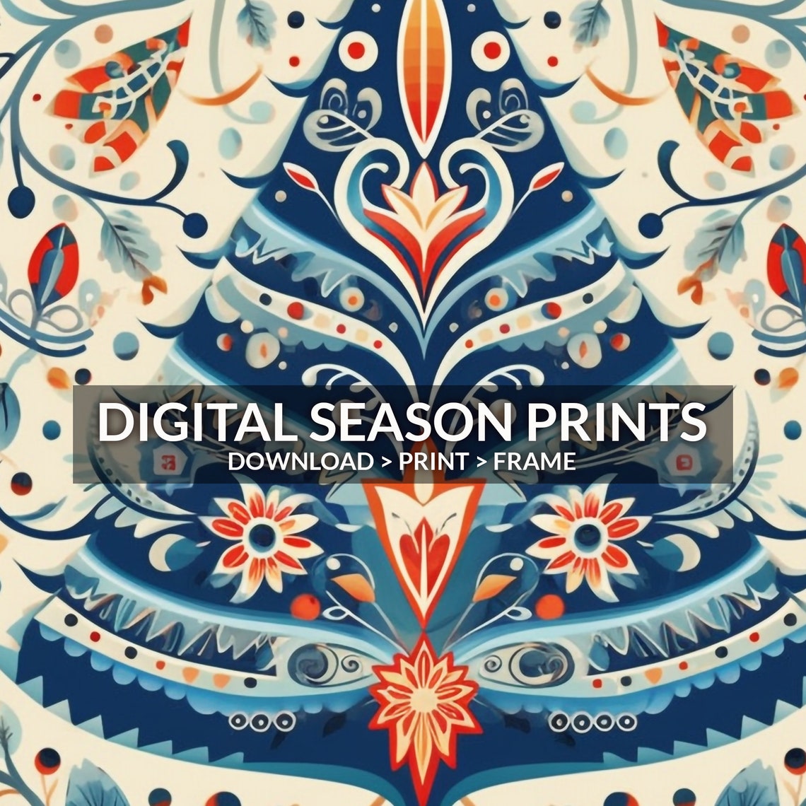 Scandinavian Folk Art Christmas Tree Blue Floral Nordic Style Print - Image 6